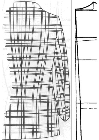 Рис. 9.2. . Внешний вид спинки пиджака из ткани в клетку при оформлении верхней части средней линии спинки по прямой линии.