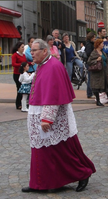 Фото. Роджер Вангелуве, епископ Брюгге , одетый в белое кружевное  облачение.