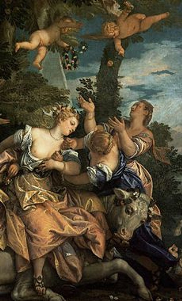 Фото. Картины эпохи Ренессанса легко увлекают детей своей сюжетной насыщенностью сцен и незаметно развивают хороший вкус. На фото фрагмент картины Веронезе, "Похищение Европы", 1578.