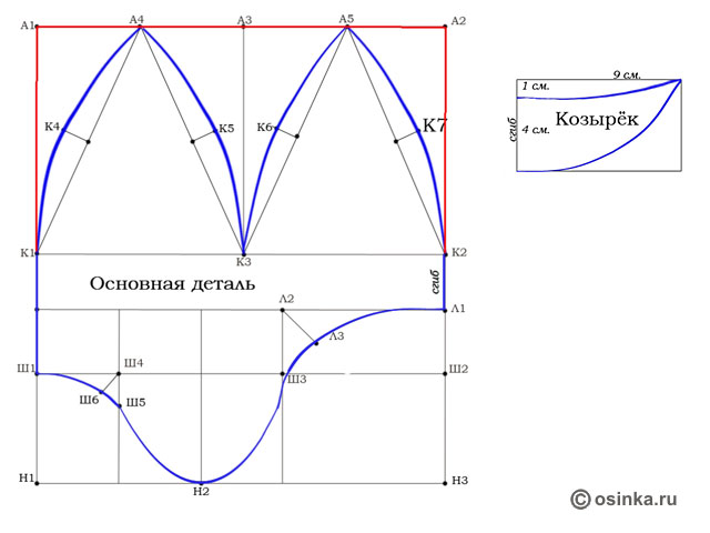 03. 1. Через точки Ш1-К1-К4-А4-К5-К3-К6-А5-К7-К2-Л1-Л3-Ш3-Н2-Ш5-Ш6 начертить контур детали плавными линиями 2. Провести другим цветом линии К1-А1-А2-К2 3. Построить козырек согласно чертежу.