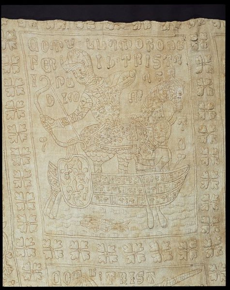 Фото. Сицилийский льняной квилт (The Tristan quilt).  Ок.1360-1400  Музей Альберта и Виктории. Лондон.