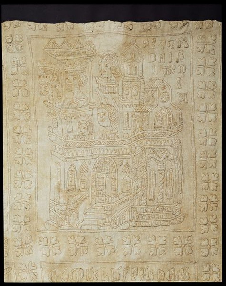 Фото. Сицилийский льняной квилт (The Tristan quilt).  Ок.1360-1400  Музей Альберта и Виктории. Лондон.